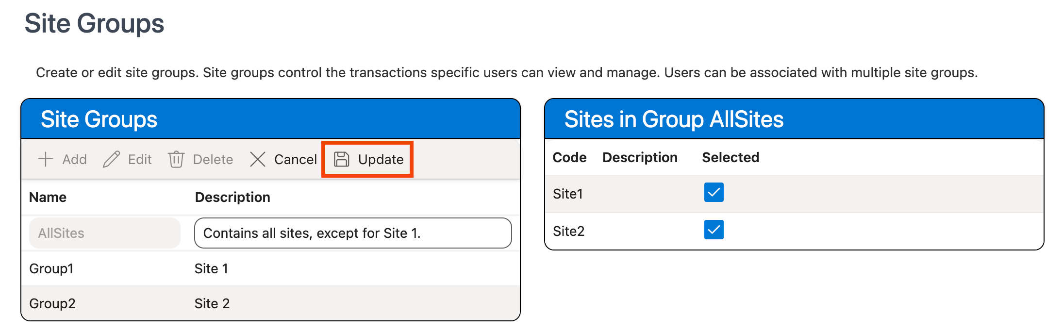 Update button in Site Groups grid